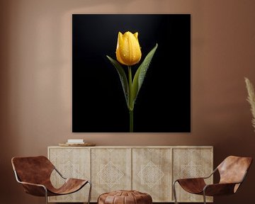 Splendeur simple : Tulipe jaune dans le silence de la rosée, brillant sur un fond noir profond sur Karina Brouwer