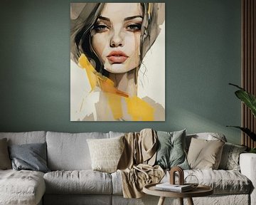 Modern en abstract portret in bruin en geel tinten. van Carla Van Iersel