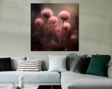 Mystieke Roze Alliums in de Mist: Een Dromerig Veld van Bloeiende Bloemen van Karina Brouwer