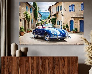 Blauwe Porsche 356 in een Frans dorp