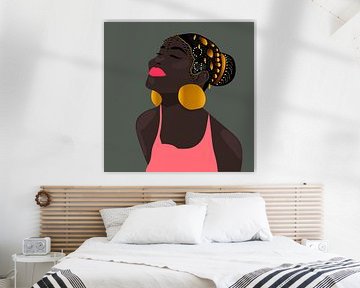 Tekening Afrikaanse vrouw met kleurijke gouden versieringen van Bianca van Dijk