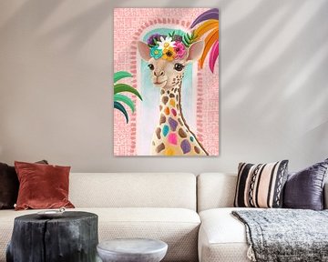 Tropical giraffe with flowers colourful illustration by Aniet Illustration