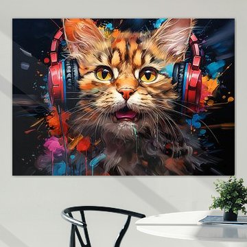 Un chat rigolo écoute de la musique
