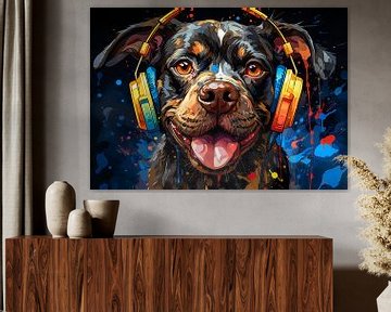 Grappige hond luistert naar muziek