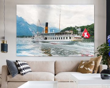 Steam boat La Suisse sailing on Leman lake (Switzerland). by Carlos Charlez