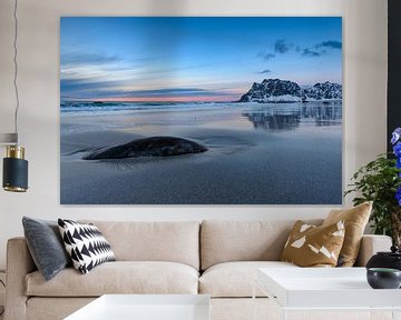 Utakleiv strand in de Lofoten archipel in Noorwegen bij zonsondergang van Sjoerd van der Wal Fotografie