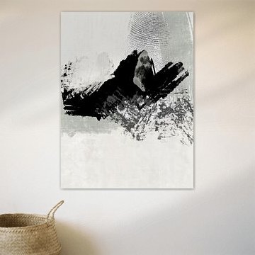 Moderne abstrakte Malerei mit Pinselstrichen in den Farben Schwarz, Salbeigrün und Beige