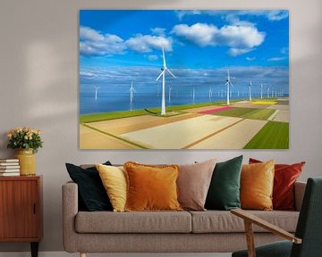 Wind turbines on a levee and offshore during springtime seen fro