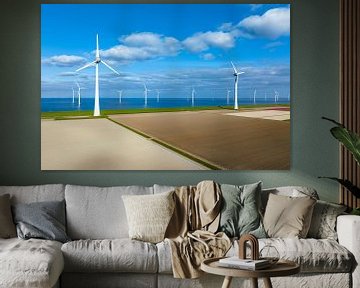 Windkraftanlagen auf einem Deich und vor der Küste im Frühling von Sjoerd van der Wal Fotografie