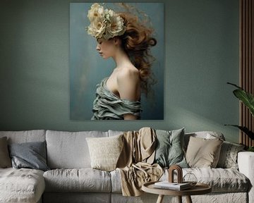 Modernes Porträt in Pastellfarben "Blumenmädchen". von Carla Van Iersel