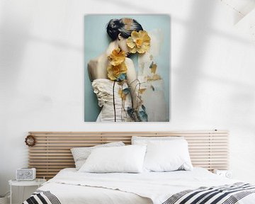 Collage : portrait vintage avec des fleurs jaunes et bleues sur Carla Van Iersel