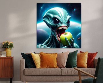 Neon alien with apple