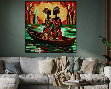 African women sailing in a canoe on the river