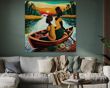 Deux femmes pêchant sur une rivière africaine