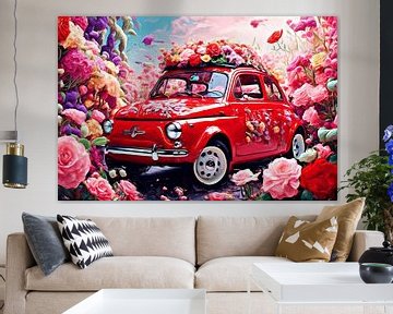 Rode Fiat 500 surrealistisch in een zee van bloemen van DeVerviers