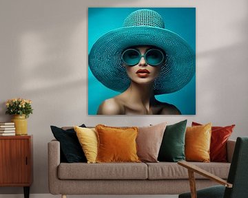 Modieuze vrouw met turquoise hoed en zonnebril van Eye on Fashion art