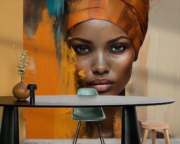 Afrikaanse vrouw in oranje en blauw van Carla Van Iersel