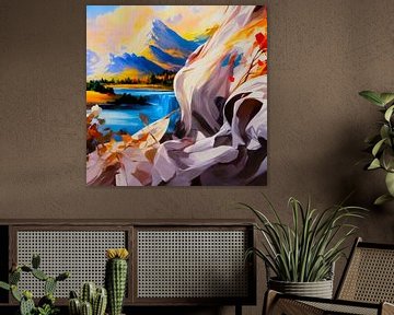 Digitaal schilderij van een uitzicht op een meer en bergen met kleuren en contrasten van A.D. Digital ART