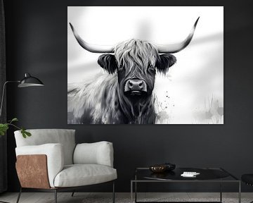 Scottish highlander black and white by Moody Mindscape