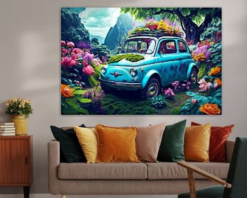 Fiat 500 surrealistisch in een zee van bloemen