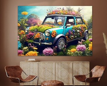 Mini Cooper surreal in a sea of flowers