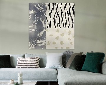 Abstract kunstwerk met diverse vormen en lijnen in zwart, beige en goudtinten van Imaginative