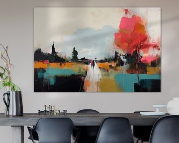 Modern abstract landschap in warme pastelkleuren van Studio Allee