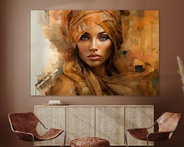 Modern portret van een jonge vrouw in oranje en bruin tinten van Carla Van Iersel