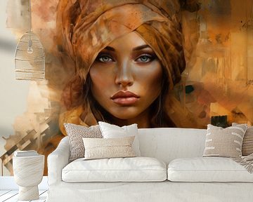 Modern portret van een jonge vrouw in oranje en bruin tinten van Carla Van Iersel