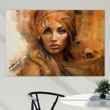 Modernes Porträt einer jungen Frau in Orange- und Brauntönen von Carla Van Iersel
