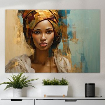 Modern portret van een jonge vrouw in oranje, blauw en bruin tinten van Carla Van Iersel