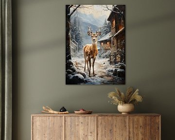 Cerf au village de neige sur Eva Lee