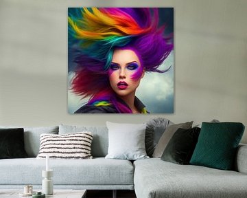 Portrait of a Woman with extremely coloured hair in the wind.