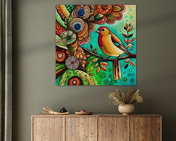 Yellow and brown small bird on a branch with flowers