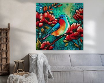 Blau und rot gefärbter Vogel zwischen Blumen