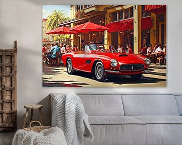 Rode Ferrari 250 Cabrio voor een Bistro