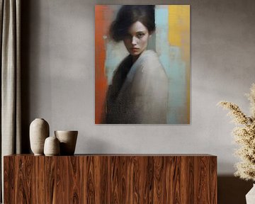 Portrait abstrait moderne dans des tons de couleurs mates sur Carla Van Iersel