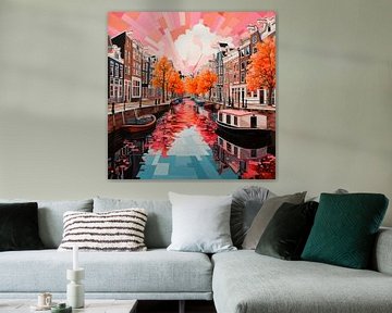 Modern Amsterdam, impressionistisch abstract beeld van een Amsterdamse gracht van René van den Berg