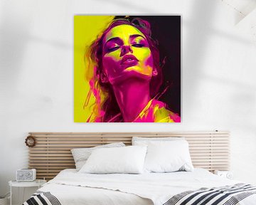 Popart portret Neon Woman II, magenta, neon yellow van René van den Berg