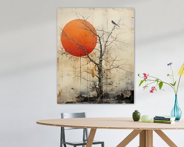 Vogel auf einem Zweig mit einer roten Sonne im Hintergrund von Studio Allee