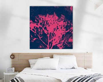 Abstract botanical art. Organic shapes in magenta pink and dark blue by Dina Dankers