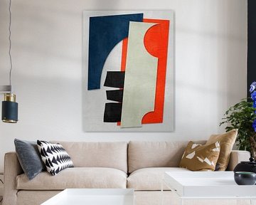 Geometrisch abstracte kunst, blauwe, oranje en zwarte tinten