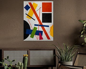 Geometrische abstracte kunst, rood, zwart, geel en blauw van Online Arts