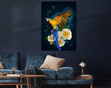 Blue-yellow macaw with roses by Postergirls