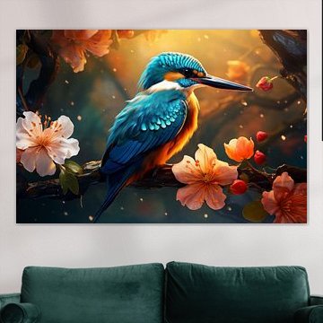 IJsvogel op een tak met grote bloesem. van Ellen Reografie