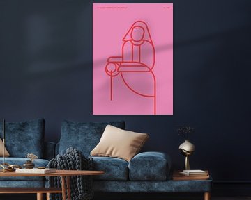 Het Melkmeisje abstracte stijl op roze achtergrond met rood lijnenspel van Michel Rijk
