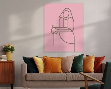 Het Melkmeisje abstracte stijl op roze achtergrond met donker grijs lijnenspel van Michel Rijk
