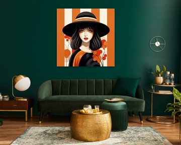 Femme au chapeau avec des rayures et des fleurs oranges sur Art Lovers