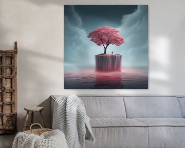 Roze Boom op een Waterval Eiland van Art Lovers