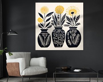 Vazen met gele bloemen linoprint van Bianca ter Riet